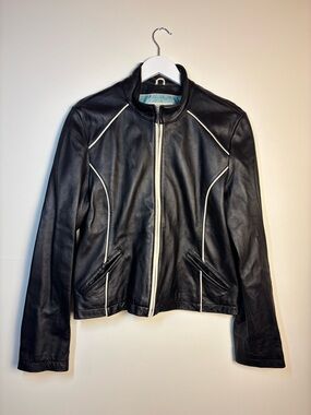 Y2K Wilsons Genuine Leather Black Jacket with White Piping, size XL